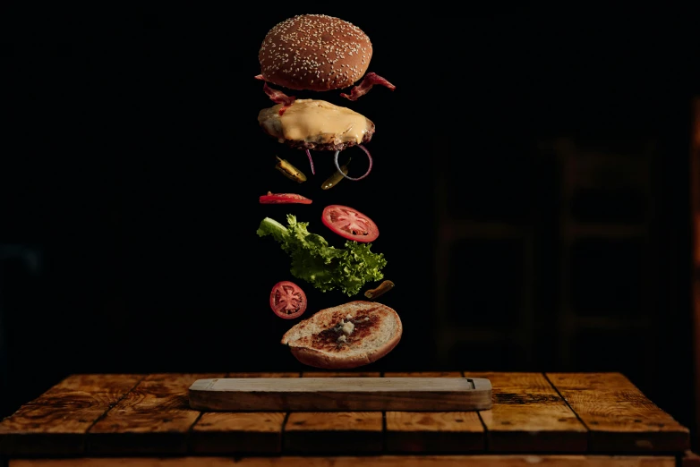 a hamburger falling into the air on top of a cutting board, by Daniel Seghers, quixel megascan, mixed art, fine dining, trending photo