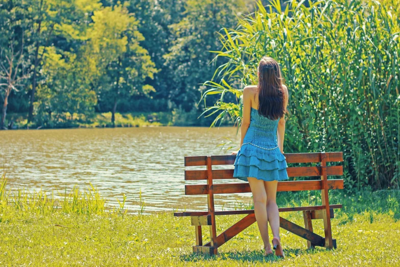 a woman in a blue dress sitting on a wooden bench, pixabay, summer lake setting, girl standing, green spaces, from back