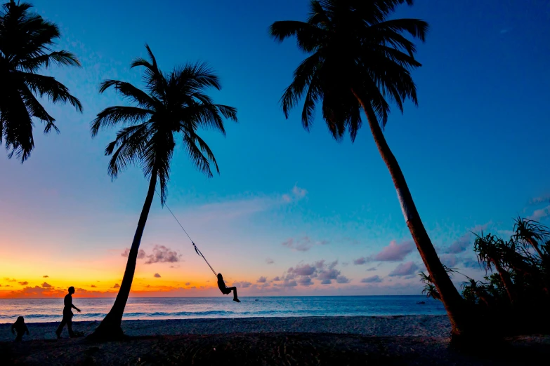 a person swinging a hammock between two palm trees, by Peter Churcher, pexels contest winner, beautiful dusk, nat geo, caribbean, thumbnail