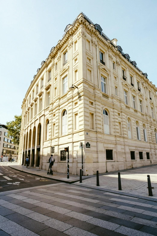 a large building sitting on the side of a street, paris school, slide show, square, perfect crisp sunlight, artsationhq