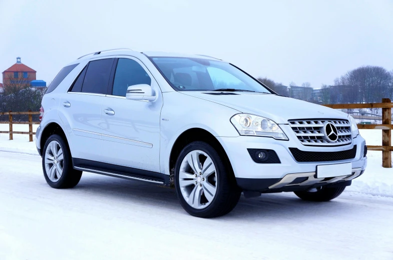 a white mercedes suv parked in the snow, trending on pixabay, baroque, square, recipe, white gold, knee