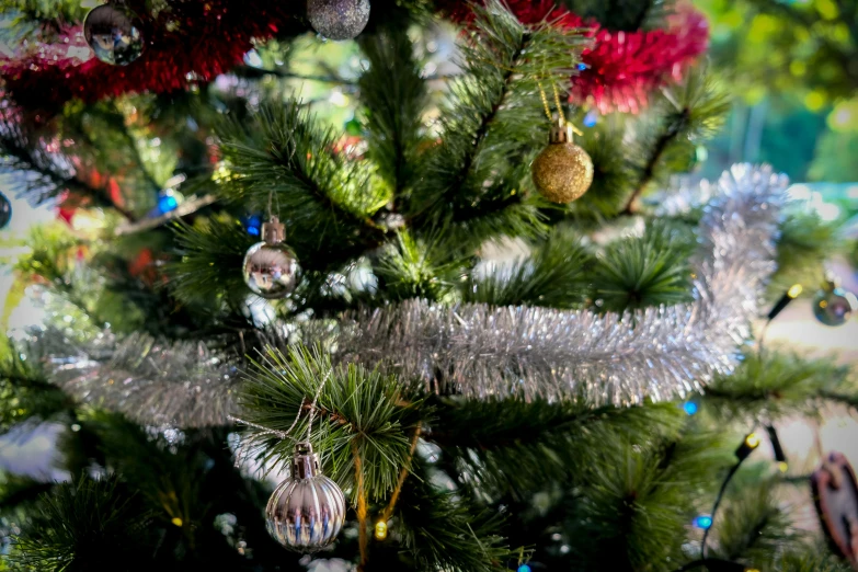 a close up of a christmas tree with ornaments, a portrait, pexels, gleaming silver and rich colors, a green, thumbnail, shot on sony a 7 iii