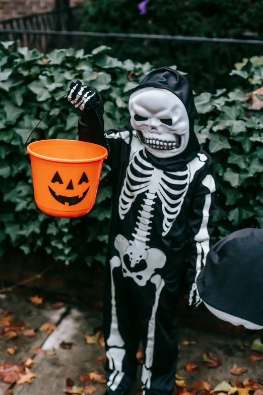 a child in a skeleton costume holding a bucket, pexels, 💣 💥💣 💥, poop, leaked, the best