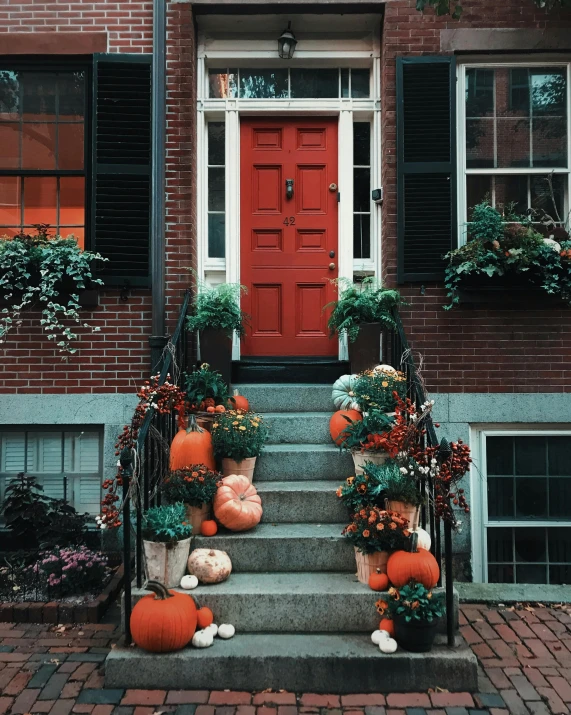 a bunch of pumpkins sitting on the steps of a house, pexels contest winner, boston, red color theme, apartment, door