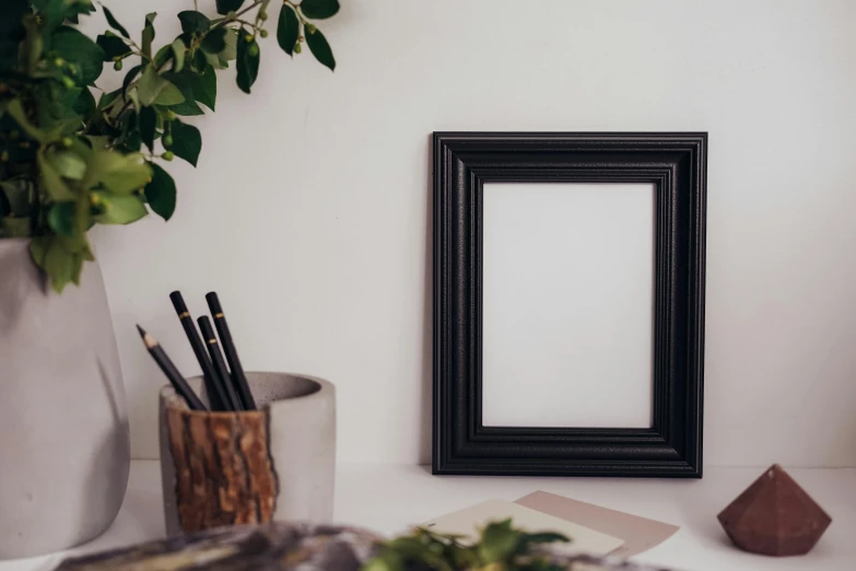 a picture frame sitting on top of a table next to a plant, pexels contest winner, white wall coloured workshop, black furniture, black pen drawn edges, classic portrait