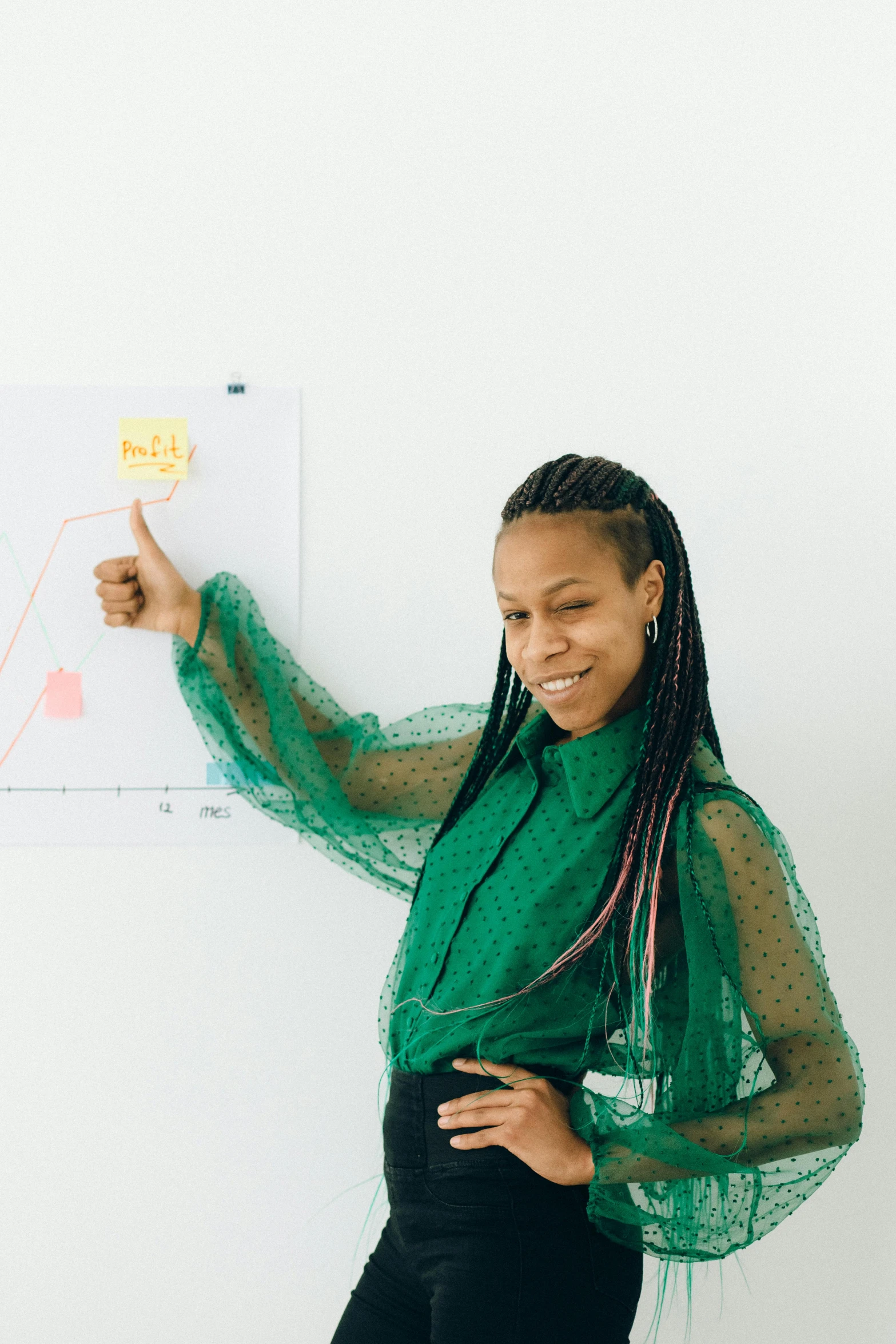 a woman pointing to a chart on a whiteboard, pexels contest winner, wangechi mutu, green charts, non binary model, product introduction photo