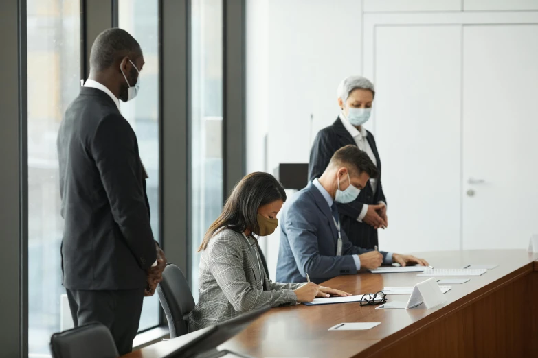 a group of business people sitting around a conference table, pexels contest winner, renaissance, people are wearing masks, signing a bill, witness stand, varying ethnicities