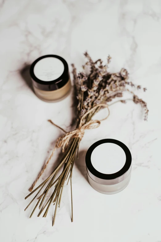 a couple of jars sitting on top of a table, a picture, trending on pexels, ivory make up, grey, salvia, product view