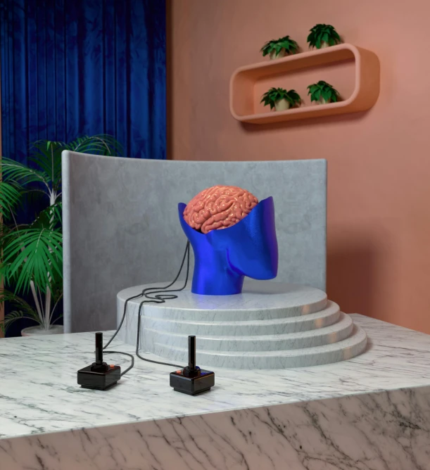 a sculpture of a brain sitting on top of a table, inspired by René Magritte, bang olufsen, blue room, ignant, videogame still