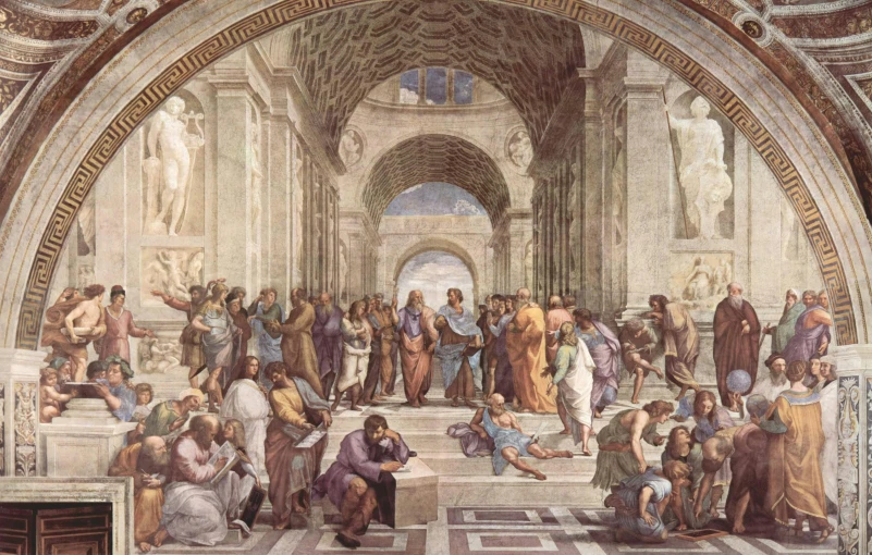 a painting of a group of people in a building, by Raphael, on the path to enlightenment, award - winning art, stoicism, promo image