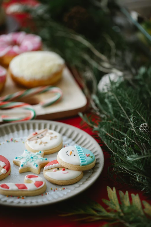 a close up of a plate of doughnuts on a table, decorated ornaments, baking cookies, frosty, mint