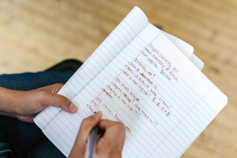 a person holding a piece of paper with writing on it, by Nina Hamnett, unsplash, on a notebook page, red writing, very wide shot, sitting down