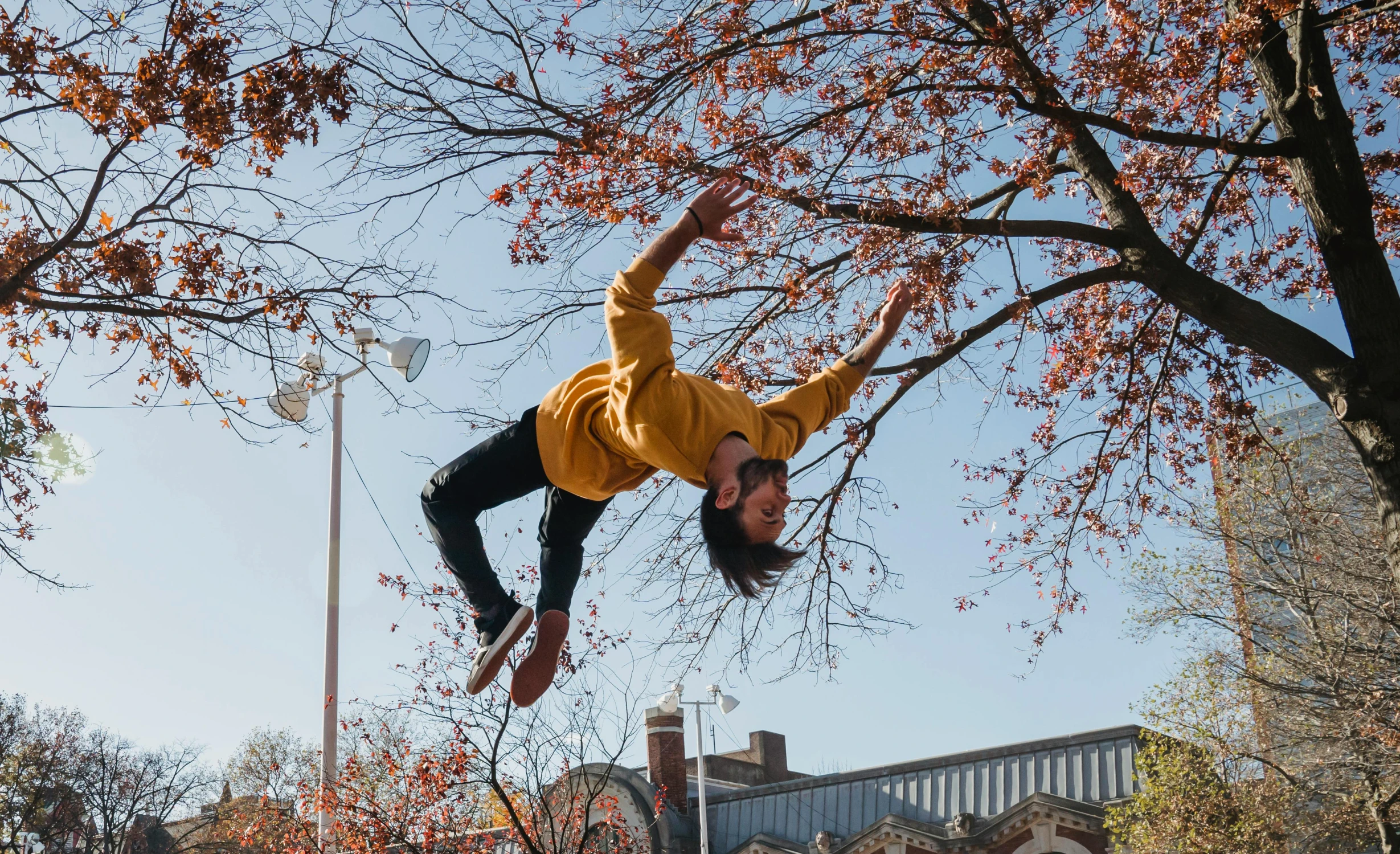 a man flying through the air while riding a skateboard, by Niko Henrichon, pexels contest winner, arabesque, hanging upside down from a tree, autumnal, contemporary dance poses, spring season