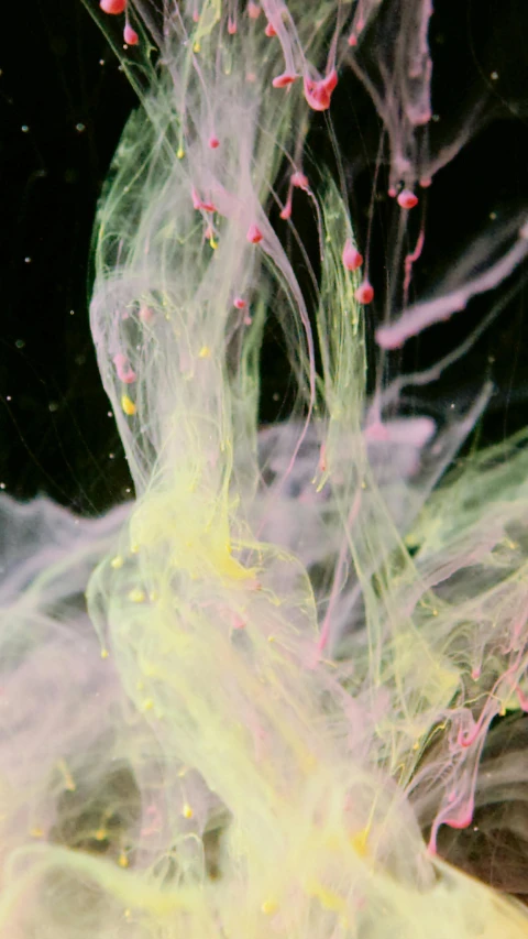 a close up of a liquid substance in a body of water, inspired by Gabriel Dawe, pexels, lyrical abstraction, pink jellyfish everywhere, yellow seaweed, whirling green smoke, confetti