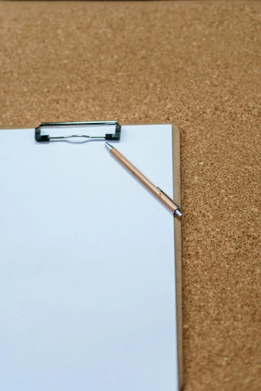 a piece of paper sitting on top of a cork board, holding a clipboard, fine point pen, no text, large)}]