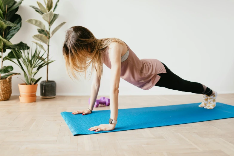 a woman doing push ups on a yoga mat, by Rachel Reckitt, pexels contest winner, elongated arms, ad image, high quality image, easy to use