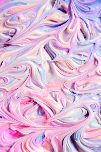 a close up of a pink and blue swirled cake, inspired by Yanjun Cheng, trending on pexels, abstract art, white holographic plastic, pink and purple, made of liquid, white pearlescent