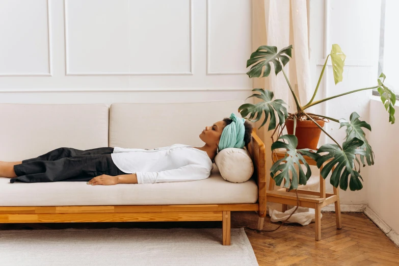 a woman laying on a couch next to a potted plant, inspired by Constantin Hansen, trending on pexels, gemstone forehead, curved furniture, on a wooden tray, back arched