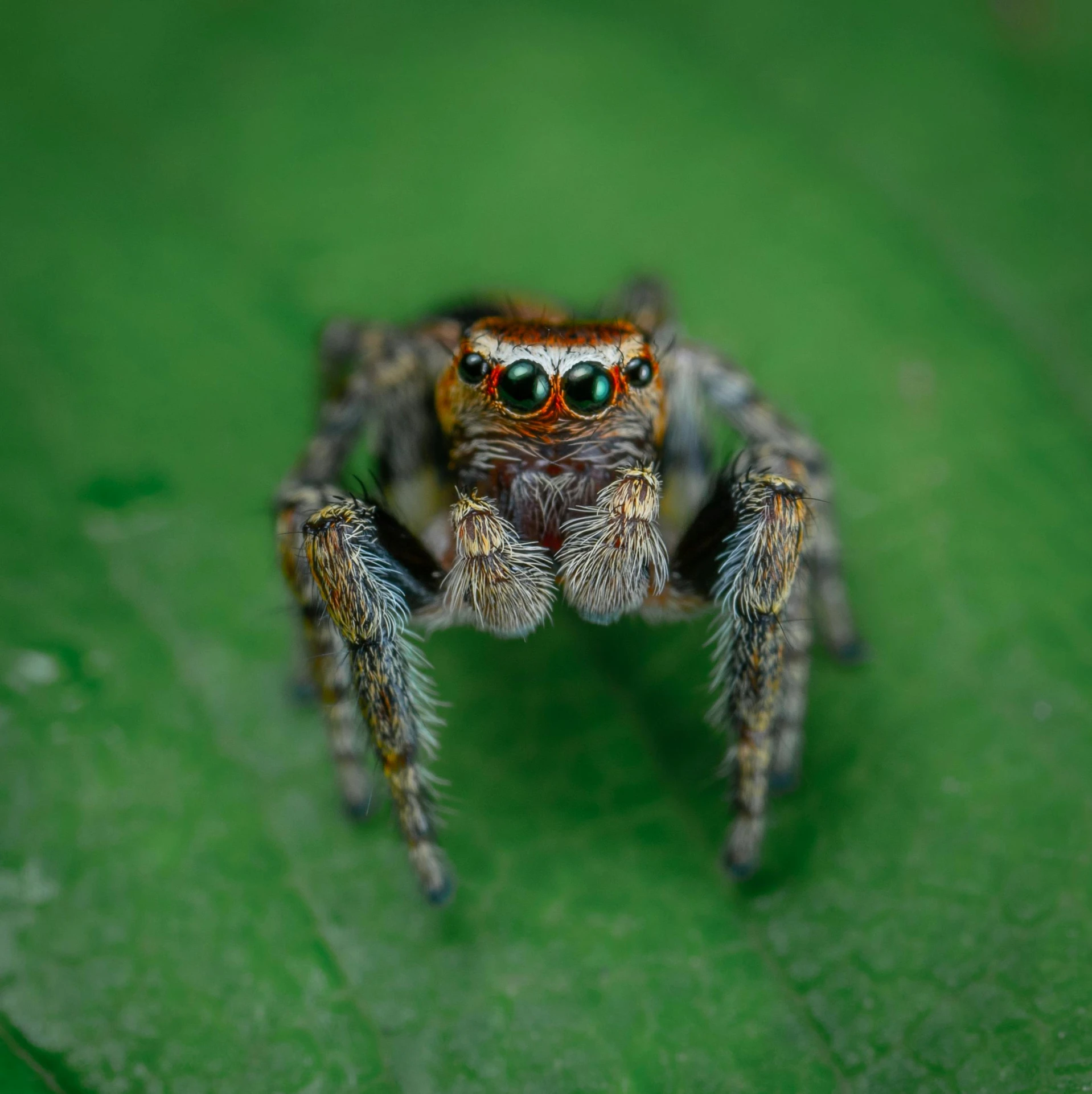 a close up of a jumping spider on a leaf, pexels contest winner, hurufiyya, silver eyes full body, spider legs large, miniature animal, frontal view