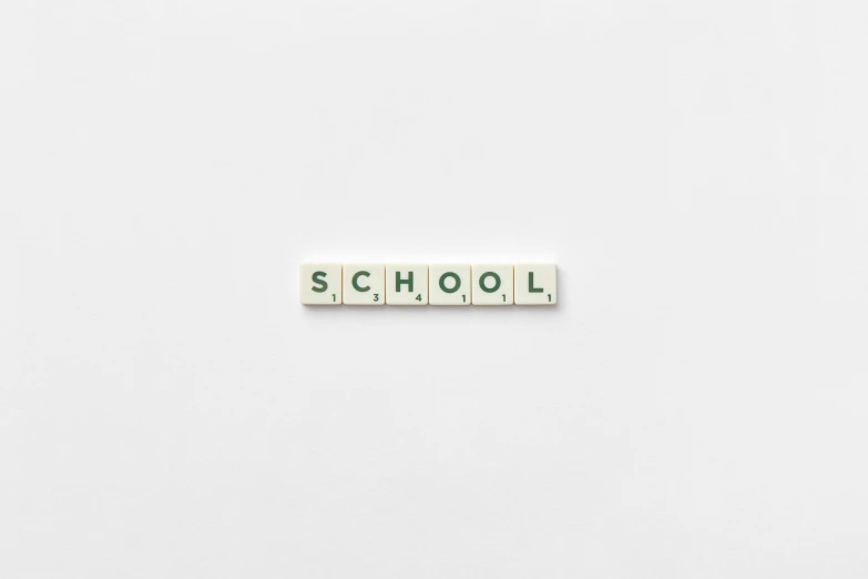 the word school spelled in scrabbles on a white surface, by Emma Andijewska, minimalist photorealist, wetastudiofx, 1 2 9 7, icon