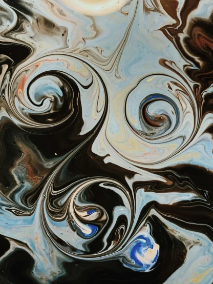 a close up of a plate of food on a table, an abstract painting, inspired by Jackson Pollock, trending on unsplash, generative art, swirly liquid ripples, sky swirling with black wind, swirling silver fish, ( ( generative ) )