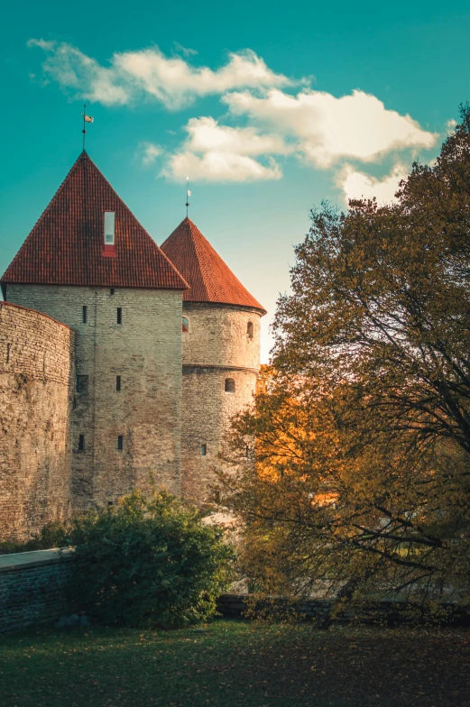 a castle sitting on top of a lush green field, an album cover, by Jacob Kainen, pexels contest winner, romanesque, tallinn, autum, city walls, brown red blue