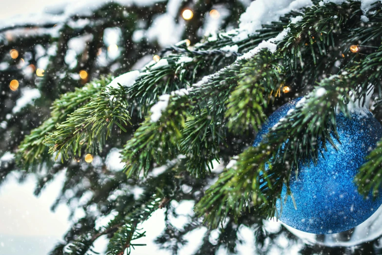 a christmas tree with a blue ornament hanging from it, by Jakob Gauermann, pexels, snowing outside, avatar image