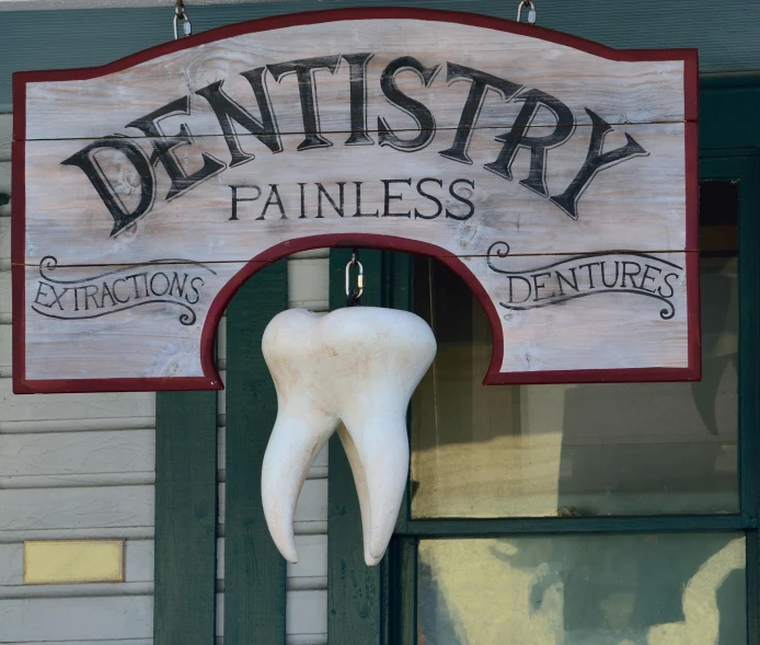 a wooden sign hanging from the side of a building, dentist, fantasy paitning, uniform teeth, flawless structure