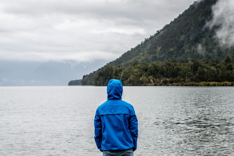 a person standing in front of a body of water, wearing blue jacket, overcast lake, traveller, gazing at the water