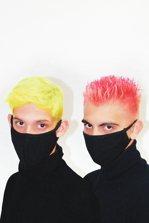 two men wearing face masks against a white background, an album cover, inspired by Warhol, pexels, antipodeans, ! two tone hair! dye, yellow hair, dark. no text, lucas graziano