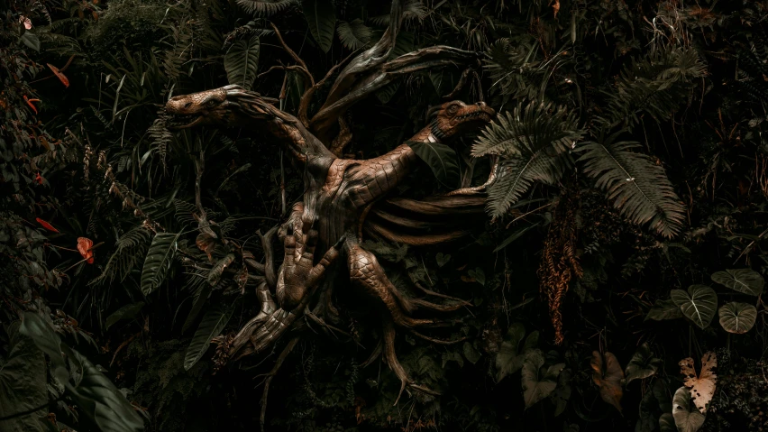 a fire hydrant sitting in the middle of a lush green forest, an album cover, by Elsa Bleda, pexels contest winner, fantastic realism, with arteries as roots, samorost, [sculpture] and [hyperrealism], the wendigo