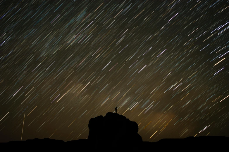 a person standing on top of a mountain under a night sky, unsplash contest winner, minimalism, meteorites, motion lines, brown, multiple stories