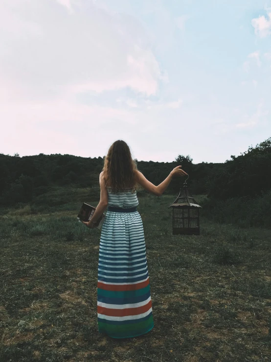 a woman standing in a field holding a bird cage, unsplash, happening, sundress, instagram story, night mood, on a hill