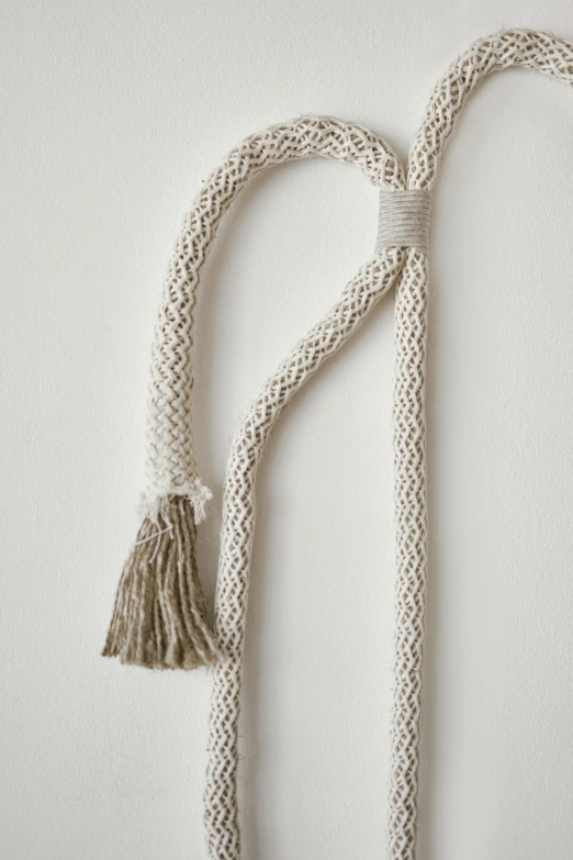 a close up of a rope with a tassel on it, by Rebecca Horn, arabesque, zinc white, sold out piece, made of wool, pepper no. 3 5