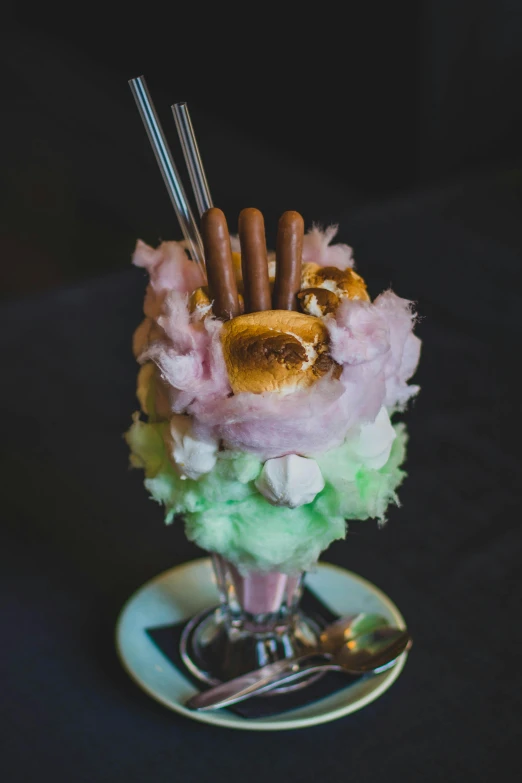 a dessert sitting on top of a white plate, a pastel, unsplash, surrealism, ice cream, russian and japanese mix, smoked layered, milkshake