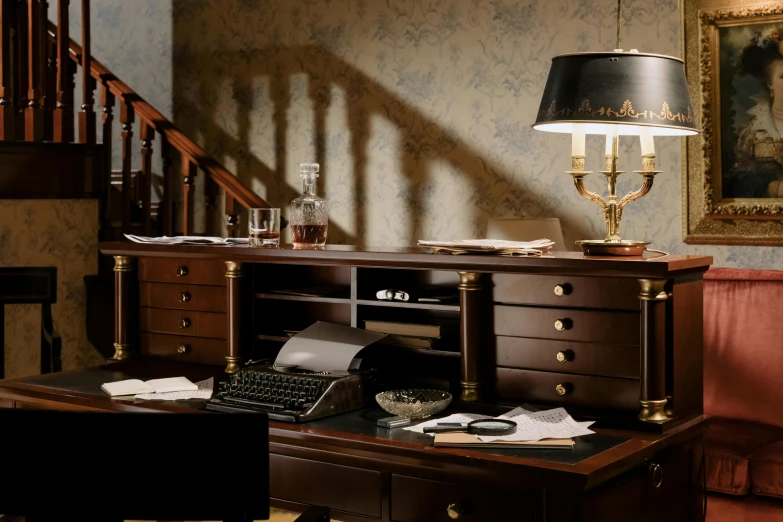 a desk that has a typewriter on it, a detailed matte painting, inspired by Alexander Roslin, private press, argand lamp, pristine quality wallpaper, trending photo, fan favorite