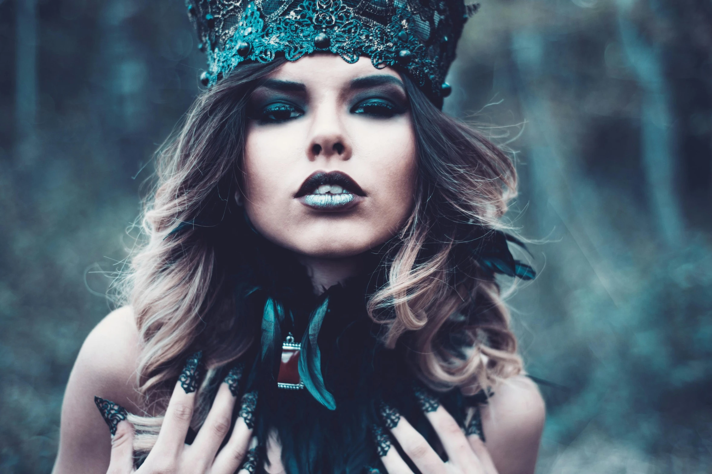 a woman with a crown on top of her head, inspired by Elsa Bleda, trending on pexels, gothic art, turquoise jewelry, samara weaving vampire, black feathers, magic and steam - punk inspired