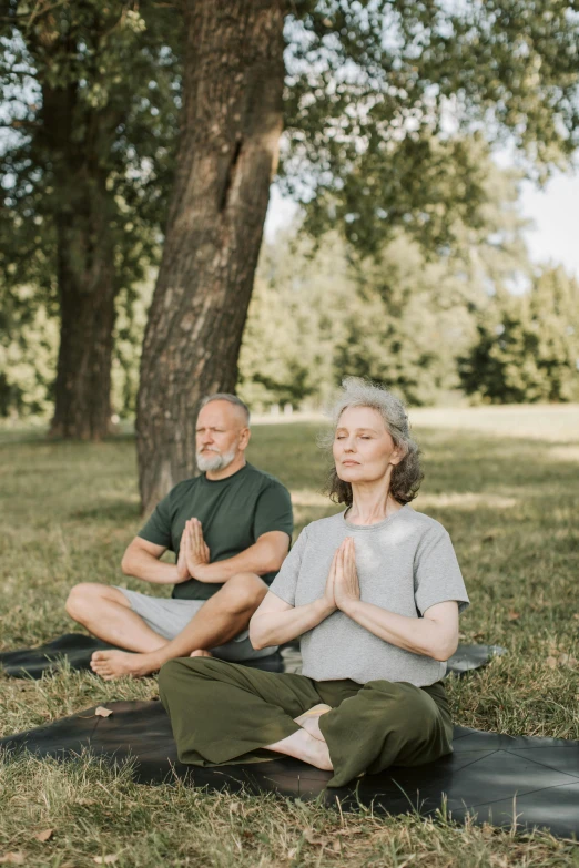 a man and woman doing yoga in the park, pexels contest winner, renaissance, two skinny old people, 15081959 21121991 01012000 4k, centered in portrait, praying posture