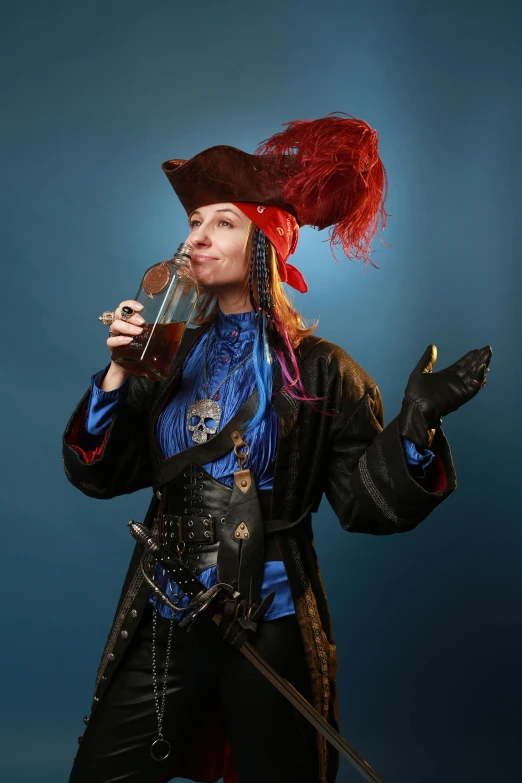 a man in a pirate costume singing into a microphone, a portrait, inspired by Aertgen van Leyden, pexels, holding a drink, felicia day, female pirate captain, smoking a magical bong
