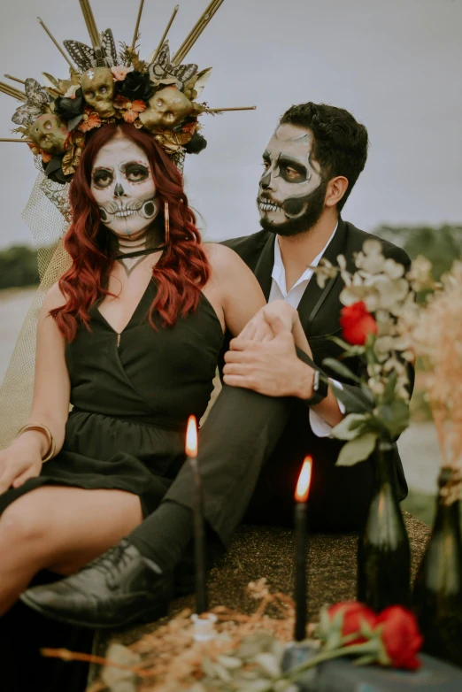 a man and a woman sitting next to each other, pexels contest winner, renaissance, el dia los muertos!, photo of a model, promo image, full view of face and body