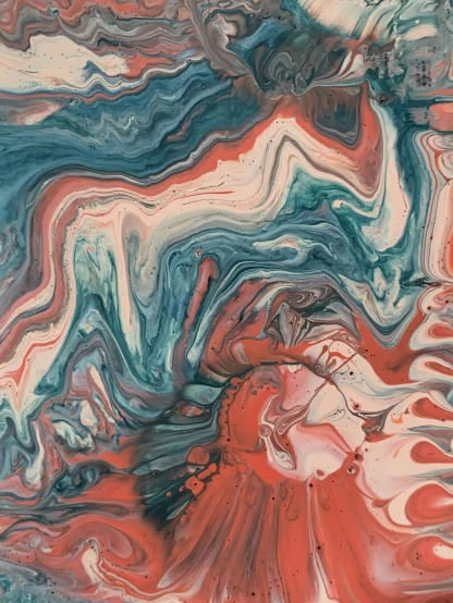 a painting with red, white, and blue colors, inspired by Yanjun Cheng, trending on unsplash, generative art, ancient swirls, melting in coral pattern, pouring techniques, aerial iridecent veins