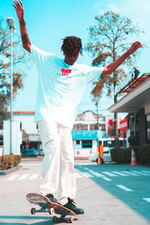 a man riding a skateboard down the middle of a street, an album cover, unsplash, happening, playboi carti, dressed in a white t-shirt, in a jumping float pose, mall