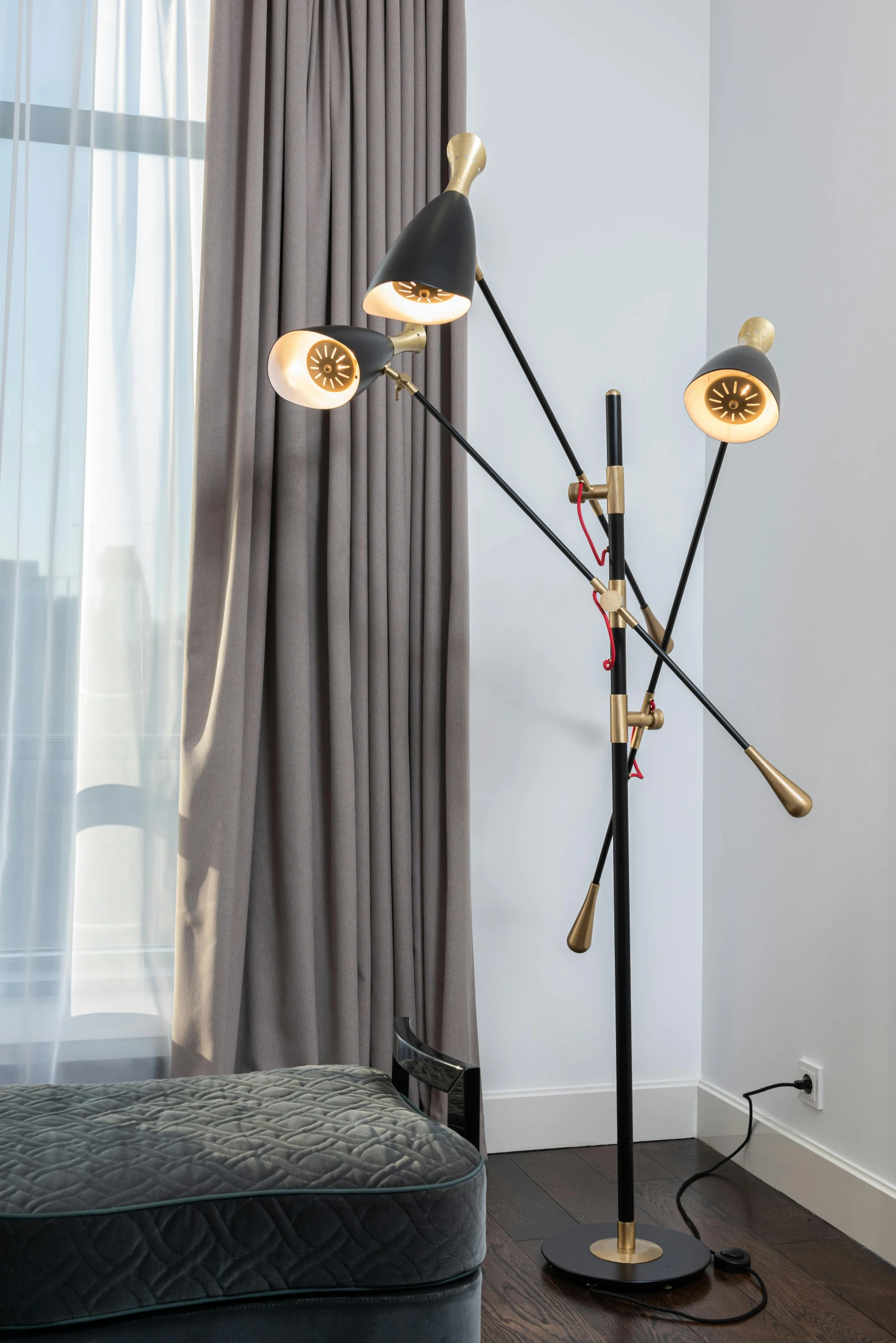 a lamp sitting on top of a wooden floor next to a window, hotel room, led details, spotlights, dwell