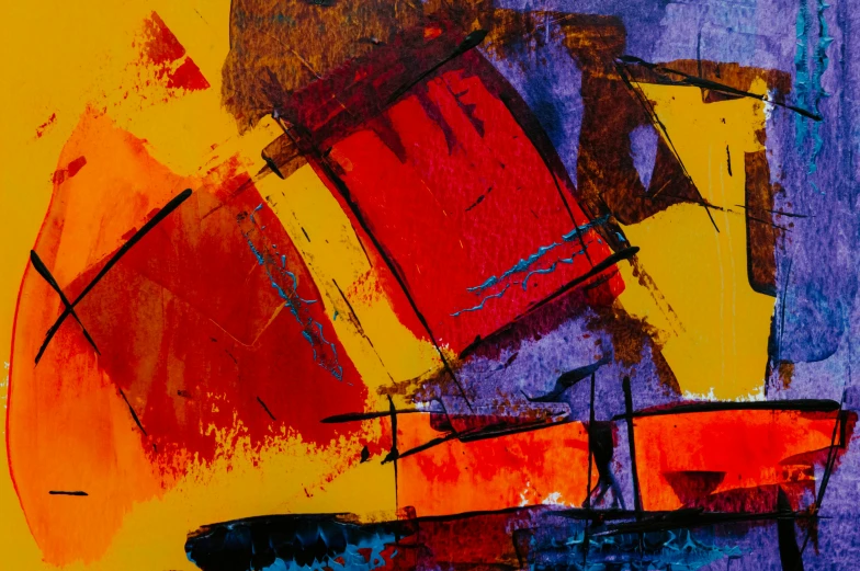 a painting of a boat on a body of water, an abstract painting, inspired by David Bomberg, pexels, abstract expressionism, 144x144 canvas, red yellow, paintings, abstract!!