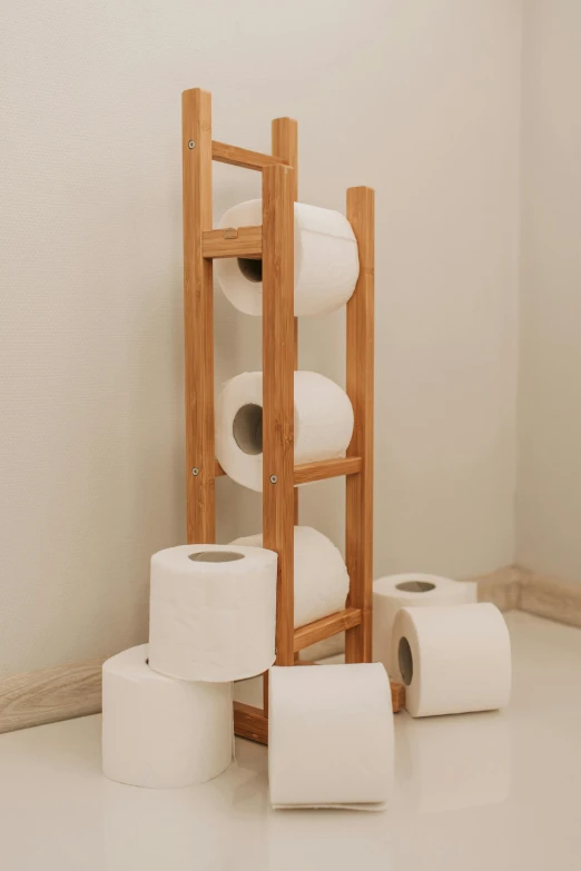 several rolls of toilet paper sitting on top of a wooden rack, inspired by Sarah Lucas, unsplash, conceptual art, hemp, sitting on the porcelain throne, made of lab tissue, oak