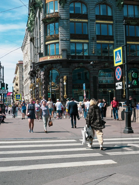 a group of people walking across a street, saint petersburg, lots of signs and shops, high-quality photo, illustration »