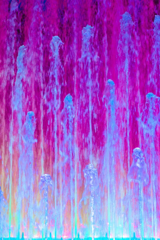 a group of people standing in front of a water fountain, purple and pink and blue neons, cascading waterfalls, abstract, vivid)