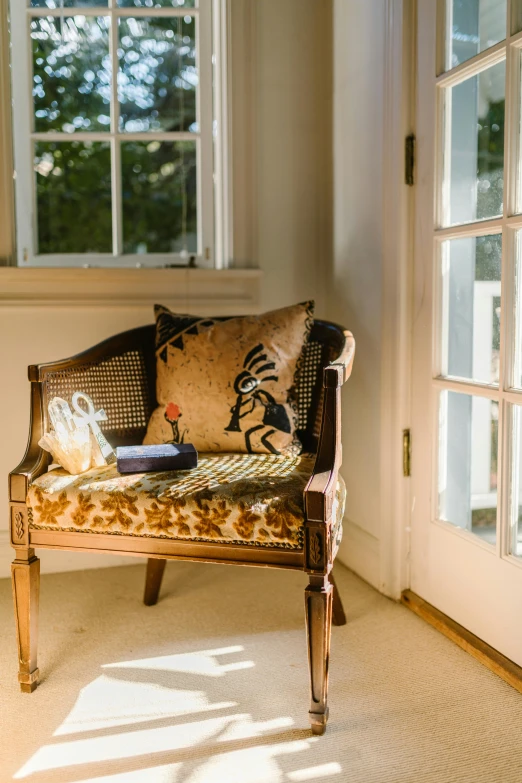 a chair sitting in a room next to a window, inspired by William Home Lizars, golden hour intricate, colonial style, at the sitting couch, balcony door