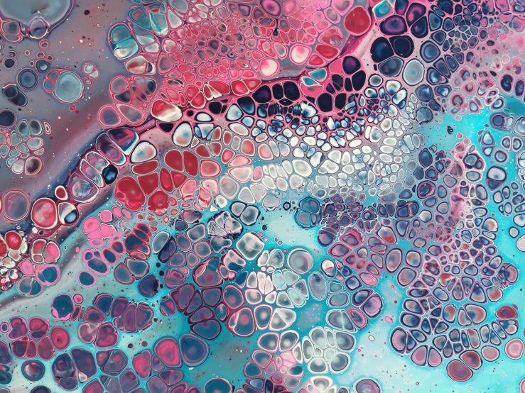 a painting with lots of different colors on it, a detailed painting, inspired by Yahoo Kusama, abstract art, pink white turquoise, pour cell painting, macro art, mauve and cinnabar and cyan