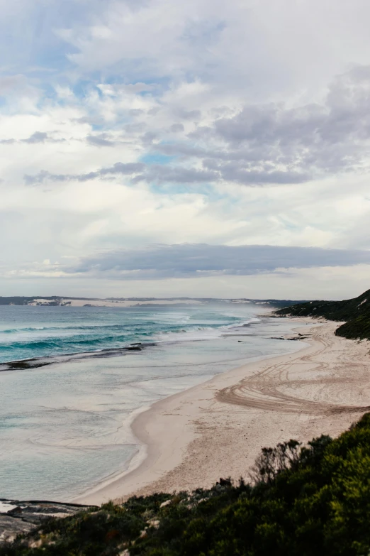 a view of a beach from the top of a hill, “ iron bark, clouds around, very elegant & complex, zac retz